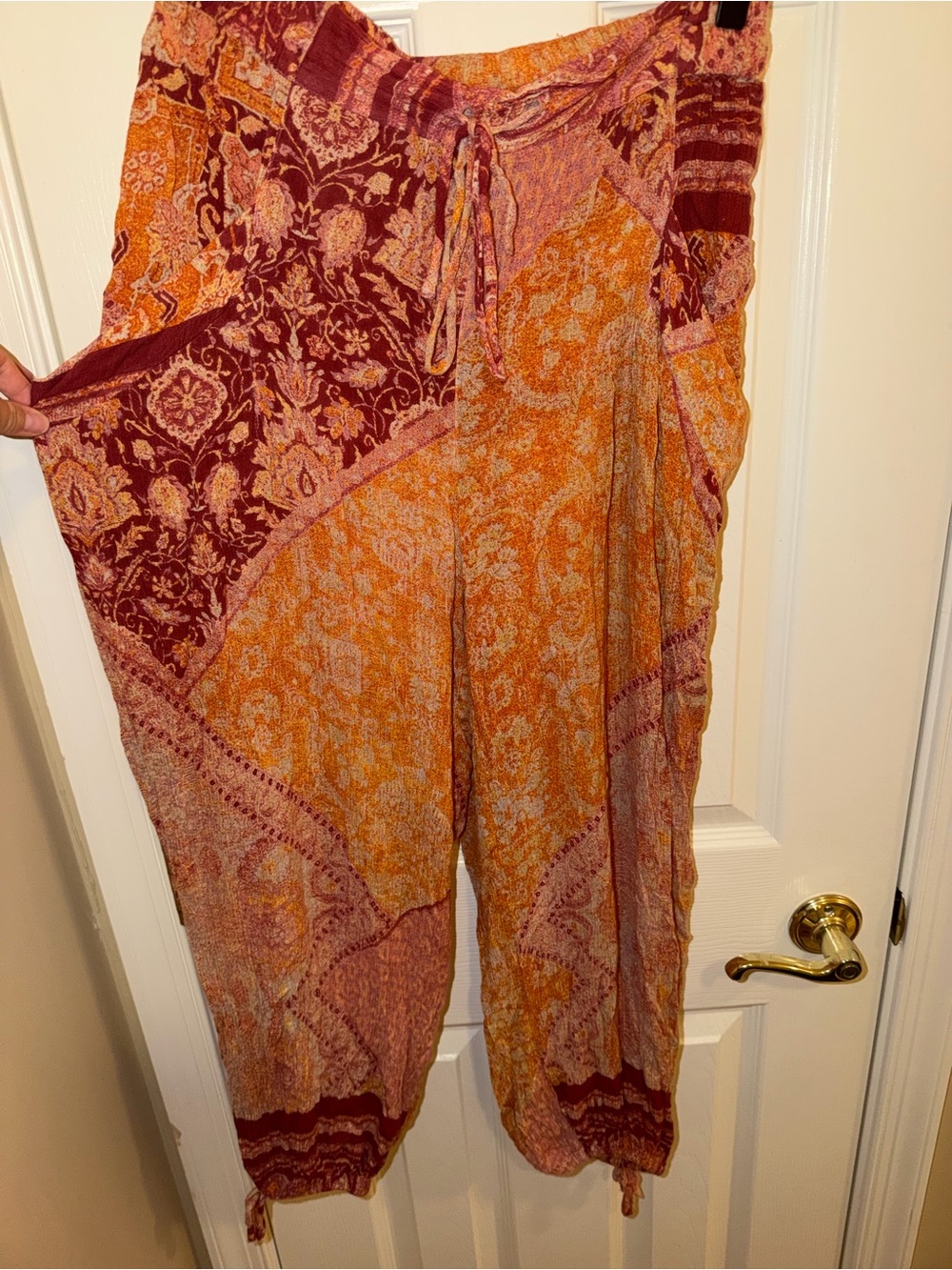 Free People Boho Drawstring Harem Pants in Rust Orange & Burgundy